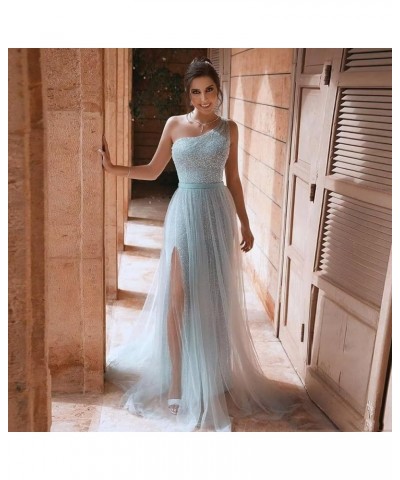 One Shoulder Sequin Long Prom Dresses for Women 2024 Sparkly Tulle High Slit Formal Maxi Evening Dress with Slit Orange $33.0...