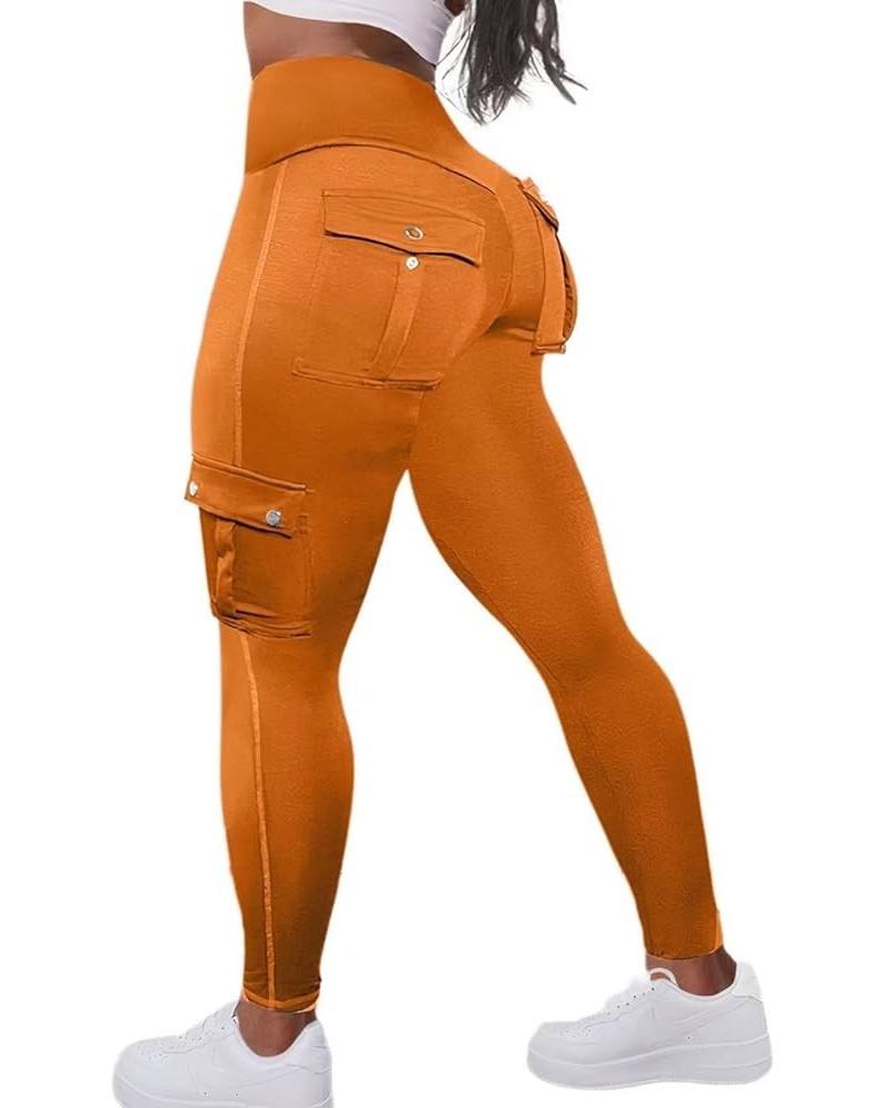 Butt Lifting Leggings with Flap Pockets Workout Cargo Leggings for Women Orange $13.60 Activewear