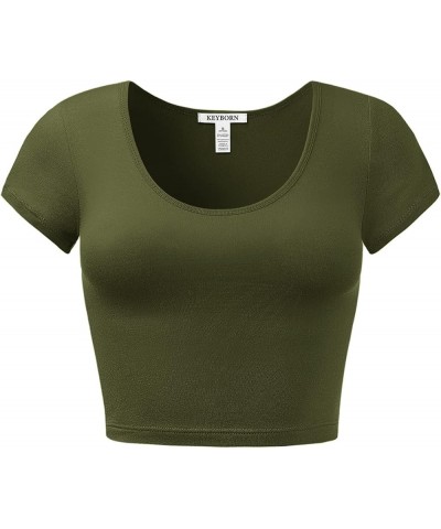 Women's Cotton Basic Scoop Neck Crop Short Sleeve Tops Army Green $9.27 T-Shirts