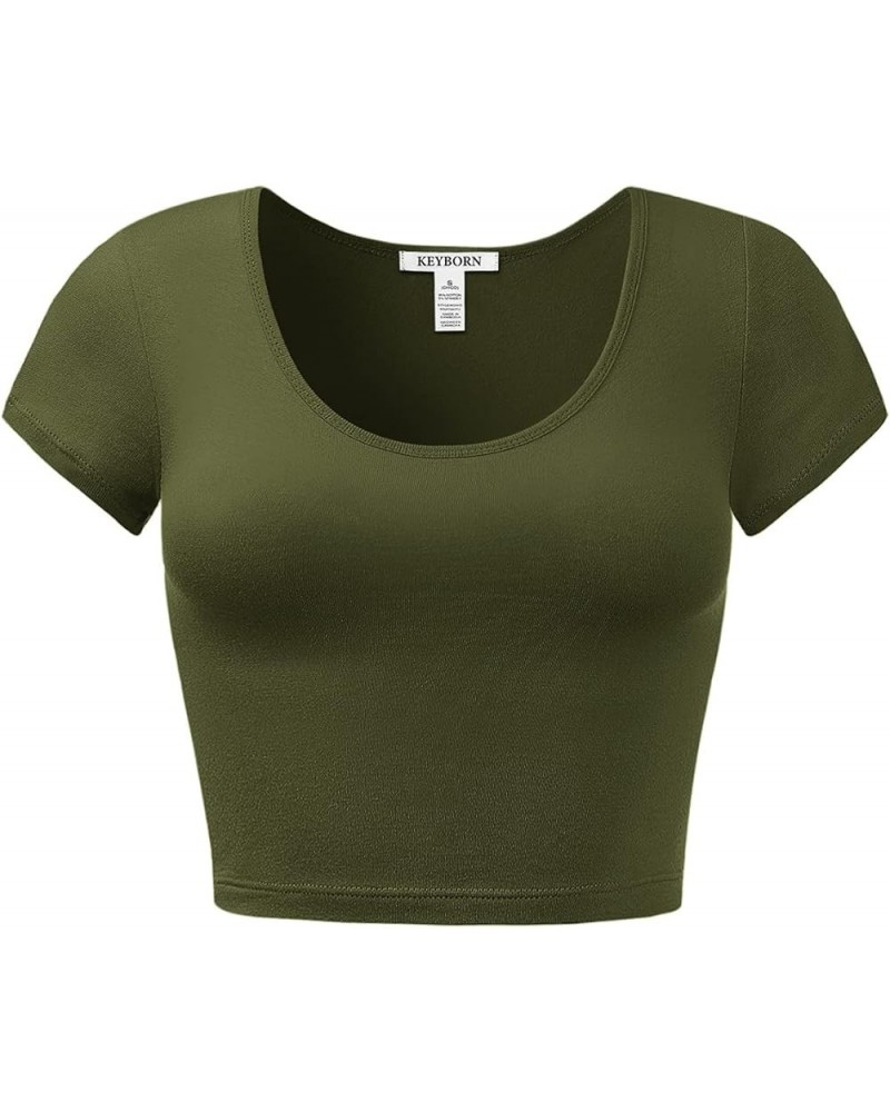 Women's Cotton Basic Scoop Neck Crop Short Sleeve Tops Army Green $9.27 T-Shirts