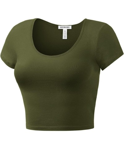 Women's Cotton Basic Scoop Neck Crop Short Sleeve Tops Army Green $9.27 T-Shirts