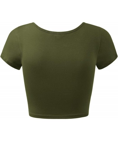 Women's Cotton Basic Scoop Neck Crop Short Sleeve Tops Army Green $9.27 T-Shirts