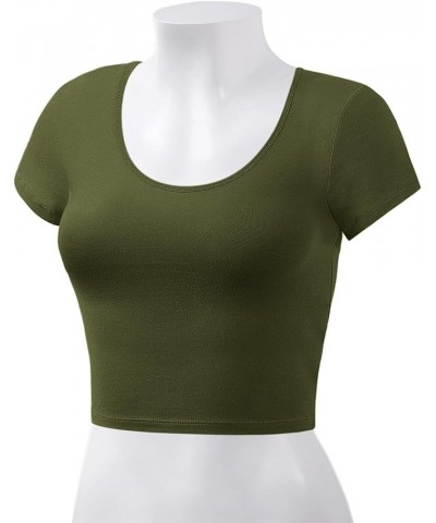 Women's Cotton Basic Scoop Neck Crop Short Sleeve Tops Army Green $9.27 T-Shirts