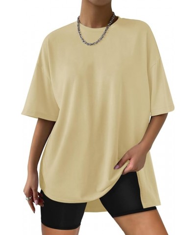 Women's Oversized Short Sleeve T-Shirts Summer Crewneck Workout Tops Loose Side Slit Casual Basic Tee Light Yellow $12.24 T-S...