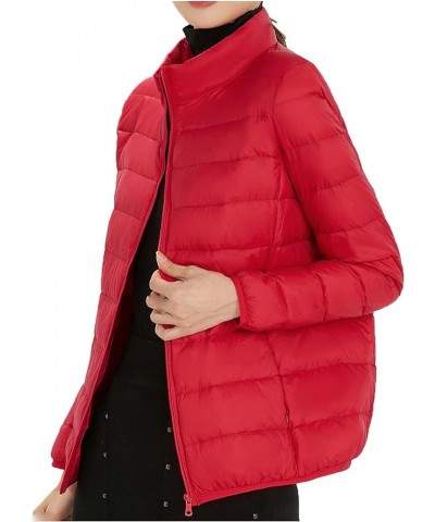 Puffer Jacket Top Sleeve Jacket Color Down Solid Cotton Lightweight Stand Jacket Warm Women's Collar Long Women's Red $19.60 ...