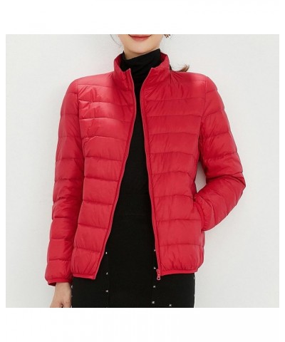 Puffer Jacket Top Sleeve Jacket Color Down Solid Cotton Lightweight Stand Jacket Warm Women's Collar Long Women's Red $19.60 ...