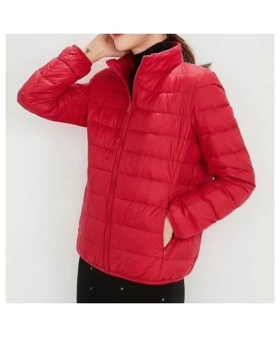 Puffer Jacket Top Sleeve Jacket Color Down Solid Cotton Lightweight Stand Jacket Warm Women's Collar Long Women's Red $19.60 ...