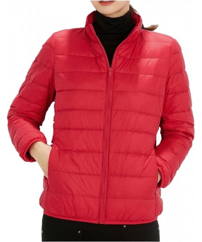 Puffer Jacket Top Sleeve Jacket Color Down Solid Cotton Lightweight Stand Jacket Warm Women's Collar Long Women's Red $19.60 ...