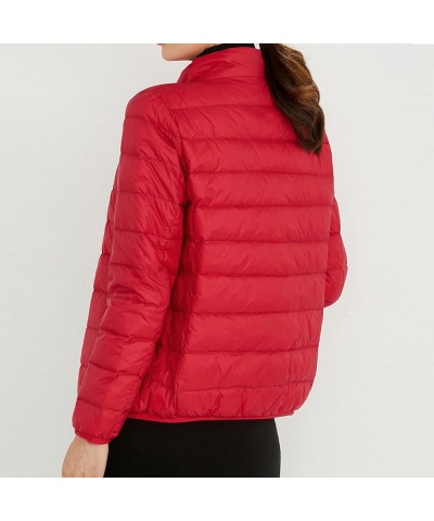 Puffer Jacket Top Sleeve Jacket Color Down Solid Cotton Lightweight Stand Jacket Warm Women's Collar Long Women's Red $19.60 ...