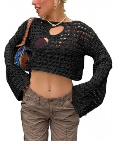 Women Crochet Crop Top Long Sleeve Backless Hollow Out Knit Pullover Blouse Tops Harajuku Streetwear Beach Cover Up Black c $...