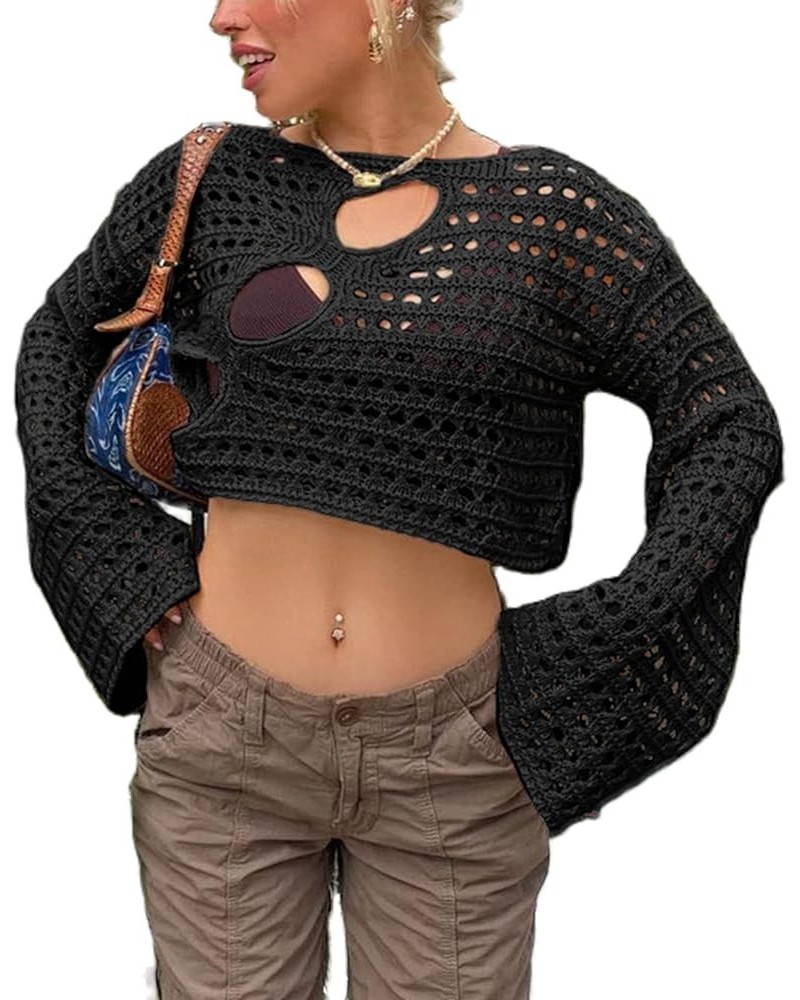 Women Crochet Crop Top Long Sleeve Backless Hollow Out Knit Pullover Blouse Tops Harajuku Streetwear Beach Cover Up Black c $...