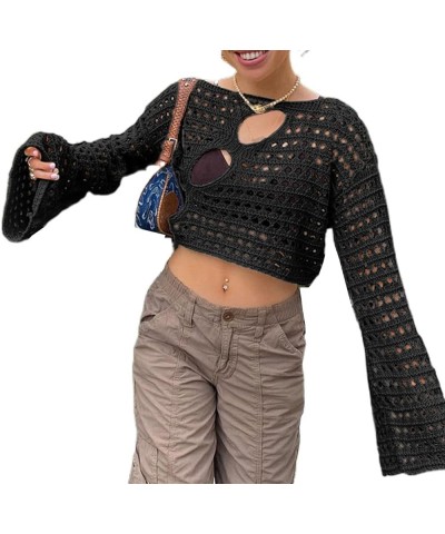 Women Crochet Crop Top Long Sleeve Backless Hollow Out Knit Pullover Blouse Tops Harajuku Streetwear Beach Cover Up Black c $...