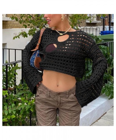 Women Crochet Crop Top Long Sleeve Backless Hollow Out Knit Pullover Blouse Tops Harajuku Streetwear Beach Cover Up Black c $...