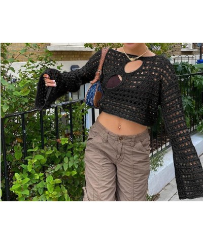 Women Crochet Crop Top Long Sleeve Backless Hollow Out Knit Pullover Blouse Tops Harajuku Streetwear Beach Cover Up Black c $...