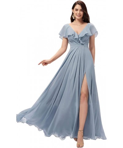 Women's Long V Neck Bridesmaid Dresses with Slit Ruffle Chiffon Formal Evening Gowns YZTS004 Dusty Blue $28.60 Dresses