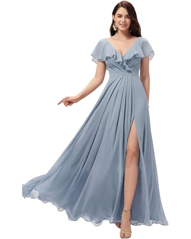 Women's Long V Neck Bridesmaid Dresses with Slit Ruffle Chiffon Formal Evening Gowns YZTS004 Dusty Blue $28.60 Dresses