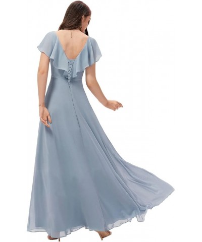 Women's Long V Neck Bridesmaid Dresses with Slit Ruffle Chiffon Formal Evening Gowns YZTS004 Dusty Blue $28.60 Dresses