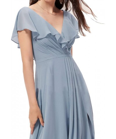 Women's Long V Neck Bridesmaid Dresses with Slit Ruffle Chiffon Formal Evening Gowns YZTS004 Dusty Blue $28.60 Dresses