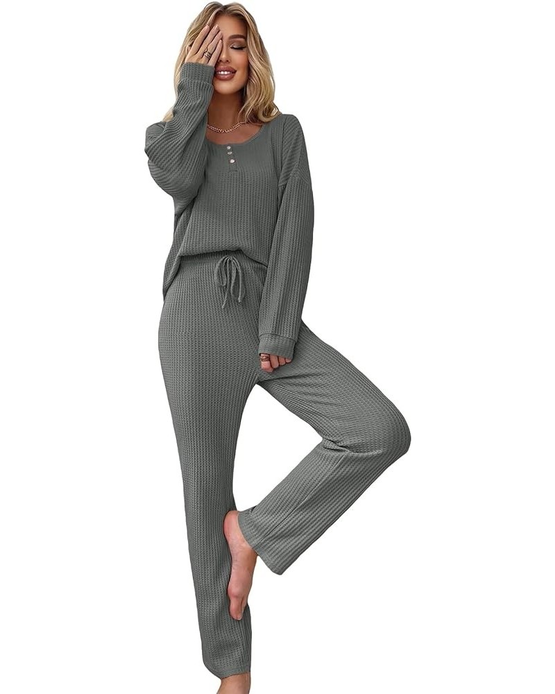 Women's 2 Piece Waffle Knit Button Down Long Sleeve Top and Pants Pj Lounge Set Grey $19.20 Sleep & Lounge