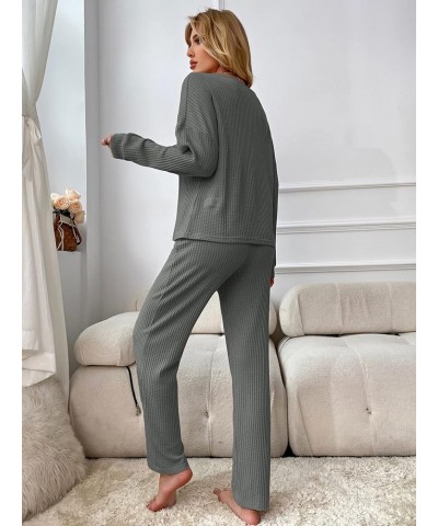 Women's 2 Piece Waffle Knit Button Down Long Sleeve Top and Pants Pj Lounge Set Grey $19.20 Sleep & Lounge