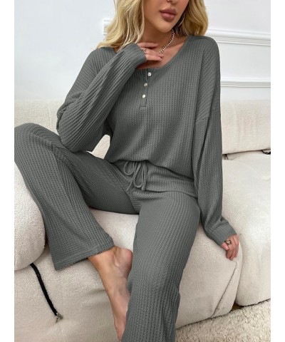 Women's 2 Piece Waffle Knit Button Down Long Sleeve Top and Pants Pj Lounge Set Grey $19.20 Sleep & Lounge