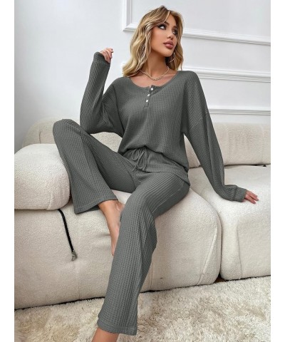 Women's 2 Piece Waffle Knit Button Down Long Sleeve Top and Pants Pj Lounge Set Grey $19.20 Sleep & Lounge