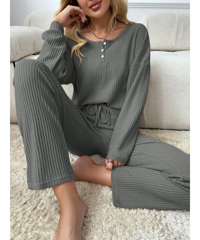 Women's 2 Piece Waffle Knit Button Down Long Sleeve Top and Pants Pj Lounge Set Grey $19.20 Sleep & Lounge