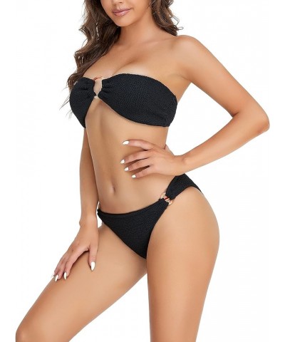 Women Bandeau Bikini Set Off Shoulder Ring Strapless Crinkle Fabric Swimsuits Black $14.04 Swimsuits