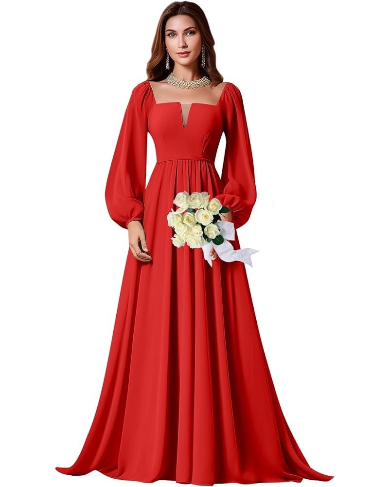 Long Sleeve Bridesmaid Dresses for Women Square Neck Chiffon Formal Evening Gown Red $24.75 Dresses