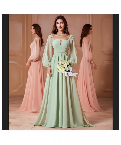 Long Sleeve Bridesmaid Dresses for Women Square Neck Chiffon Formal Evening Gown Red $24.75 Dresses