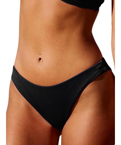 Women's Ribbed Tie Reversible Bikini Bottom Adjustable Hipster Full & High Cut Swimsuit Black $17.82 Swimsuits