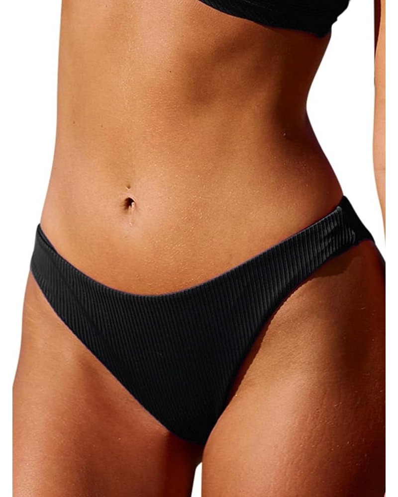 Women's Ribbed Tie Reversible Bikini Bottom Adjustable Hipster Full & High Cut Swimsuit Black $17.82 Swimsuits