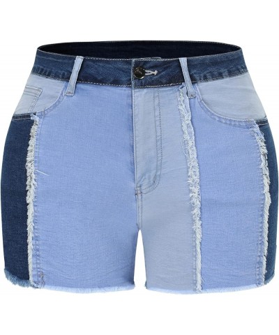 Womens Mid Rise Stretchy Patchwork Jeans Shorts Raw Frayed Hem Casual Denim Shorts Light Blue $18.54 Shorts