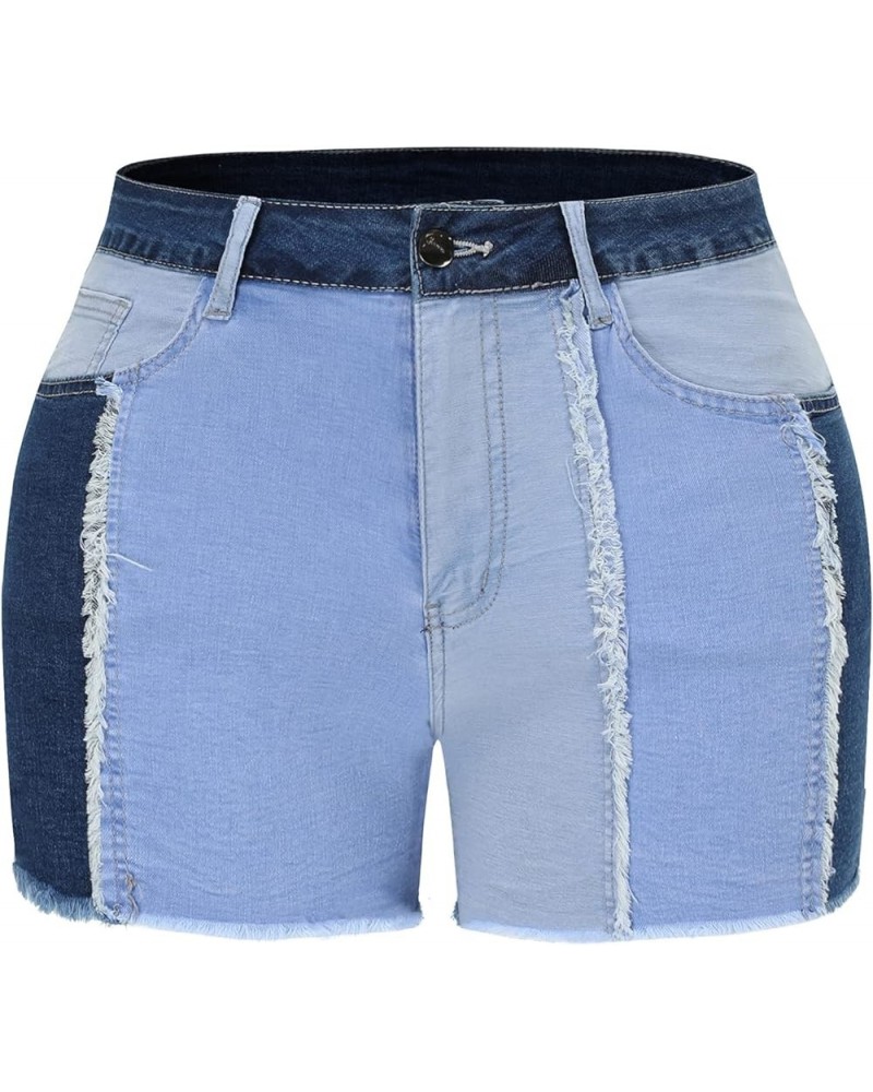 Womens Mid Rise Stretchy Patchwork Jeans Shorts Raw Frayed Hem Casual Denim Shorts Light Blue $18.54 Shorts