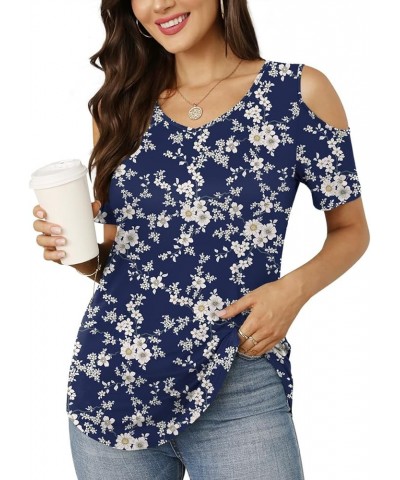 Women's V Neck Tunic Top Cold Shoulder T-Shirt Short Sleeve Casual Tee Blouse for Leggings short sleeve Floret White $13.19 Tops