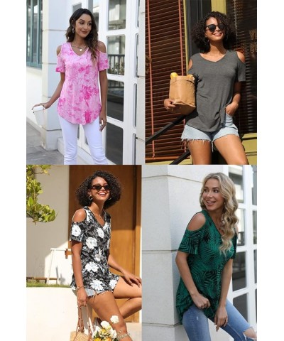 Women's V Neck Tunic Top Cold Shoulder T-Shirt Short Sleeve Casual Tee Blouse for Leggings short sleeve Floret White $13.19 Tops