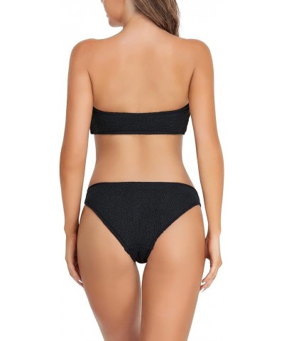 Women Bandeau Bikini Set Off Shoulder Ring Strapless Crinkle Fabric Swimsuits Black $14.04 Swimsuits