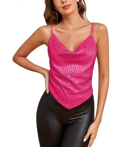 Sparkly Seamless Cami Crop Top with Cowl Neck and Spaghetti Straps in Multicolor for Women Hot Pink $14.70 Tanks