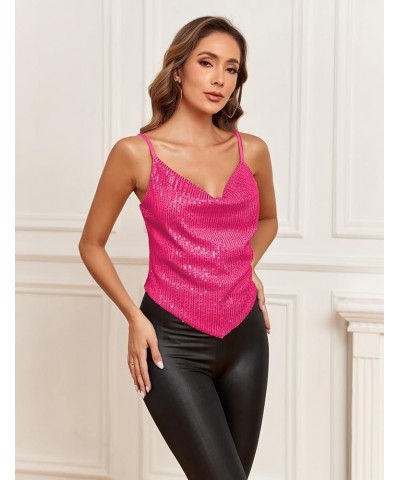 Sparkly Seamless Cami Crop Top with Cowl Neck and Spaghetti Straps in Multicolor for Women Hot Pink $14.70 Tanks