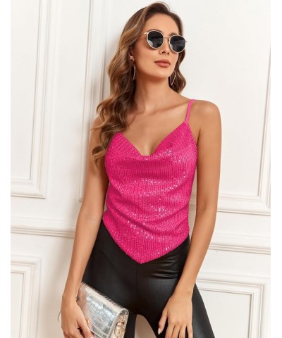 Sparkly Seamless Cami Crop Top with Cowl Neck and Spaghetti Straps in Multicolor for Women Hot Pink $14.70 Tanks