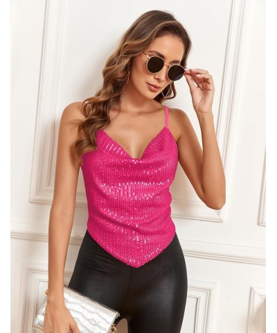 Sparkly Seamless Cami Crop Top with Cowl Neck and Spaghetti Straps in Multicolor for Women Hot Pink $14.70 Tanks