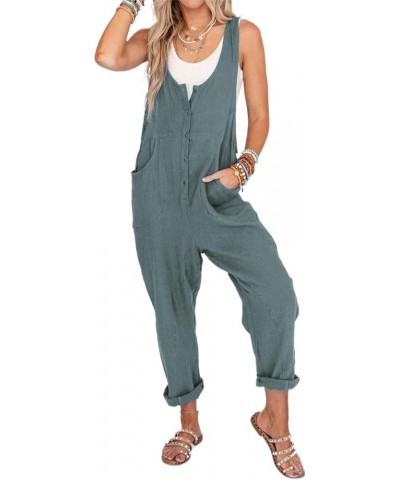 Women's Summer Cotton Linen Jumpsuits Button Down Sleeveless Baggy Overalls Jumpers with Pockets Lightblue $16.31 Overalls