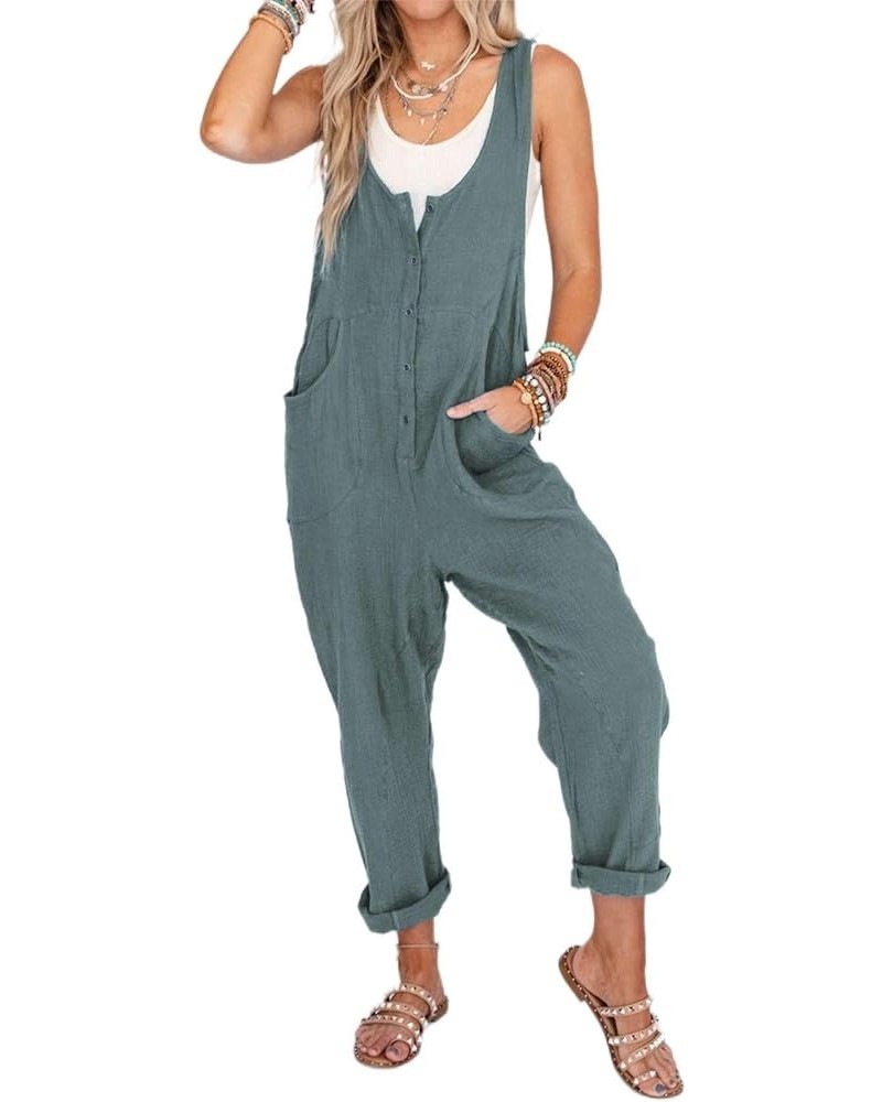 Women's Summer Cotton Linen Jumpsuits Button Down Sleeveless Baggy Overalls Jumpers with Pockets Lightblue $16.31 Overalls