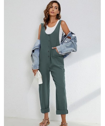 Women's Summer Cotton Linen Jumpsuits Button Down Sleeveless Baggy Overalls Jumpers with Pockets Lightblue $16.31 Overalls