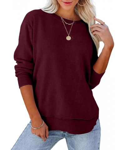 Women's Casual Crewneck Sweatshirts 2024 Spring Fall Clothes Loose Long Sleeve Lightweight Pullover Shirts Tops Split-wine Re...