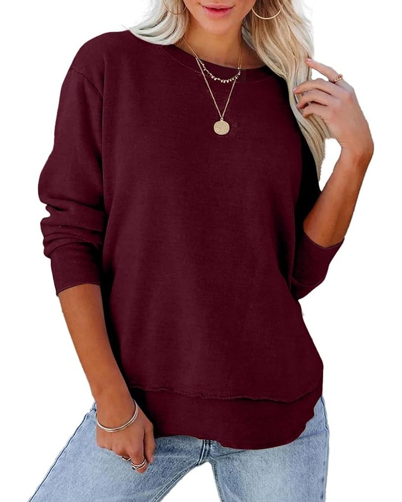 Women's Casual Crewneck Sweatshirts 2024 Spring Fall Clothes Loose Long Sleeve Lightweight Pullover Shirts Tops Split-wine Re...