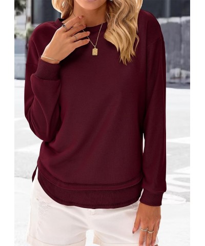 Women's Casual Crewneck Sweatshirts 2024 Spring Fall Clothes Loose Long Sleeve Lightweight Pullover Shirts Tops Split-wine Re...