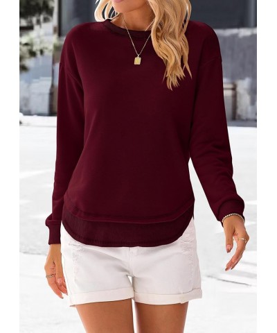 Women's Casual Crewneck Sweatshirts 2024 Spring Fall Clothes Loose Long Sleeve Lightweight Pullover Shirts Tops Split-wine Re...