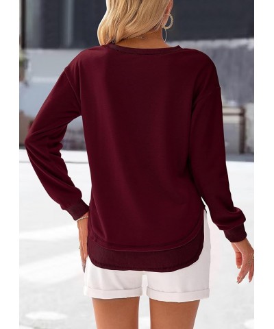 Women's Casual Crewneck Sweatshirts 2024 Spring Fall Clothes Loose Long Sleeve Lightweight Pullover Shirts Tops Split-wine Re...