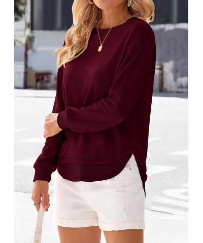 Women's Casual Crewneck Sweatshirts 2024 Spring Fall Clothes Loose Long Sleeve Lightweight Pullover Shirts Tops Split-wine Re...